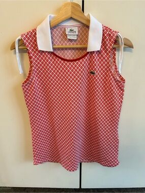 Lacoste Red and White Sleeveless Patterned Polo Tank Top, size S